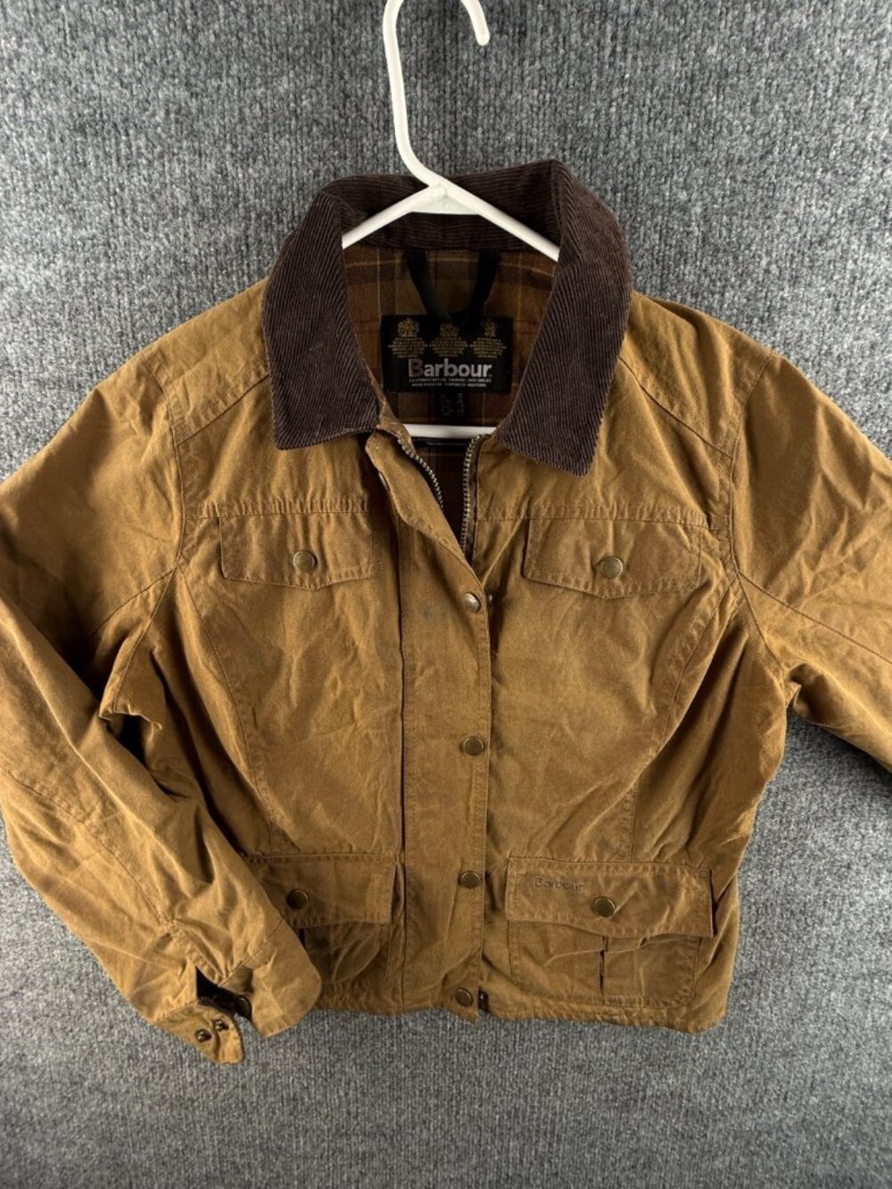 Barbour L1965 Brown Waxed Jacket Women Full Zip Short Size 8 US Collared Adult